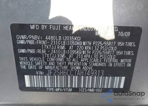 2010 Subaru Forester 2.5X Premium z USA, uszkodzony, nr VIN JF2SH6CC7AH749313